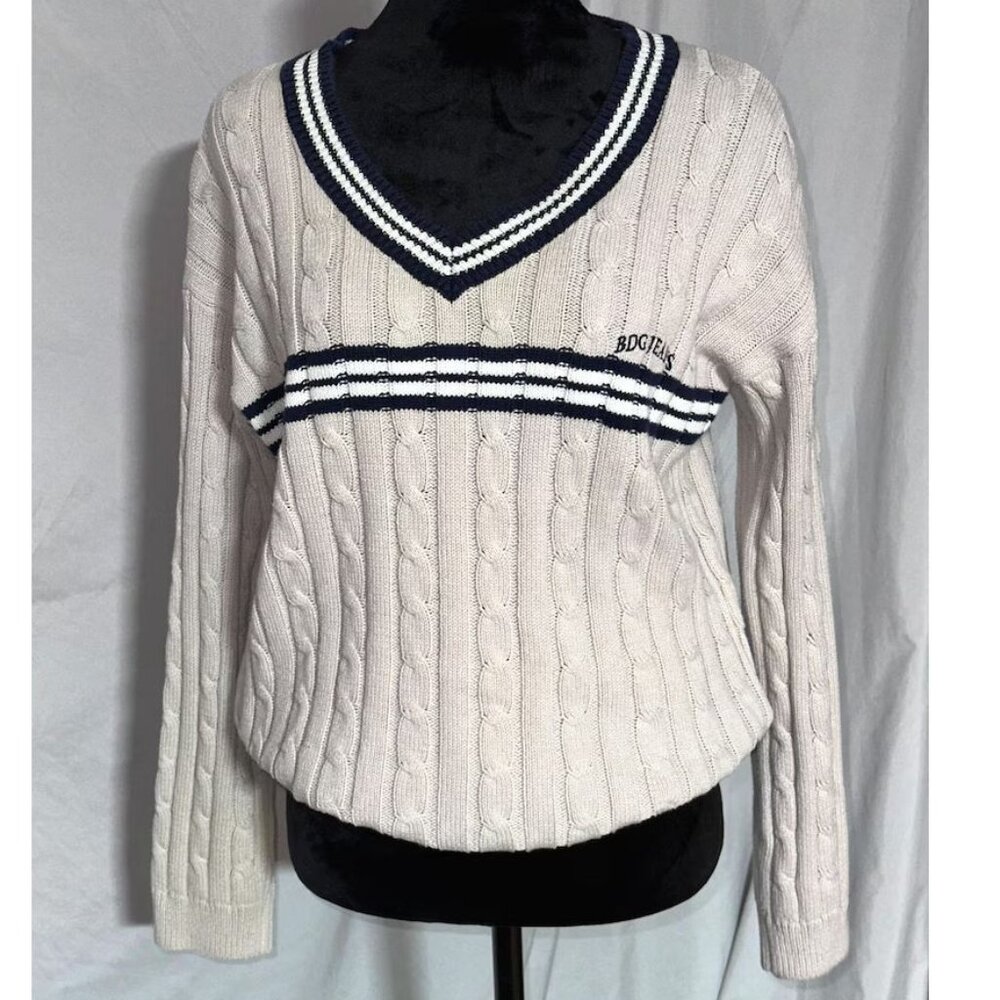 URBAN OUTFITTERS BDG Jeans Cable Knit Sweater, Blue & Cream, Big Chunky Sweater